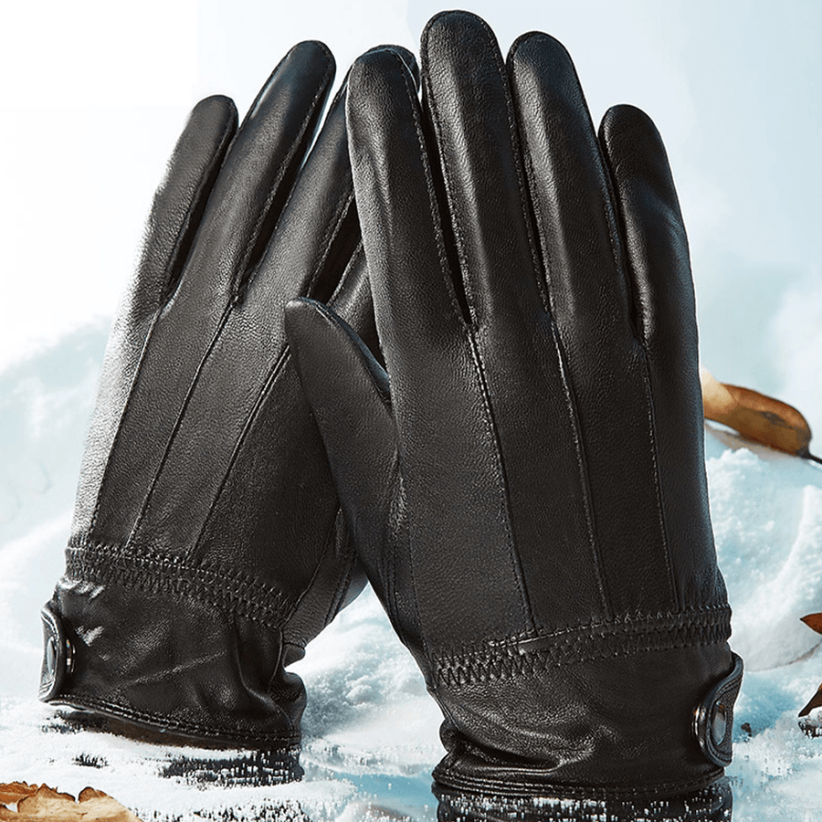 Unisex Genuine Leather Sheepskin Screen Touch Warm Outdoor Casual Business Gloves - MRSLM