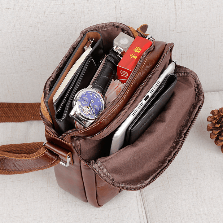 Brown Genuine Leather Shoulder Bag Messenger Crossbody Briefcase Sling Bag for Ipad Mini - MRSLM