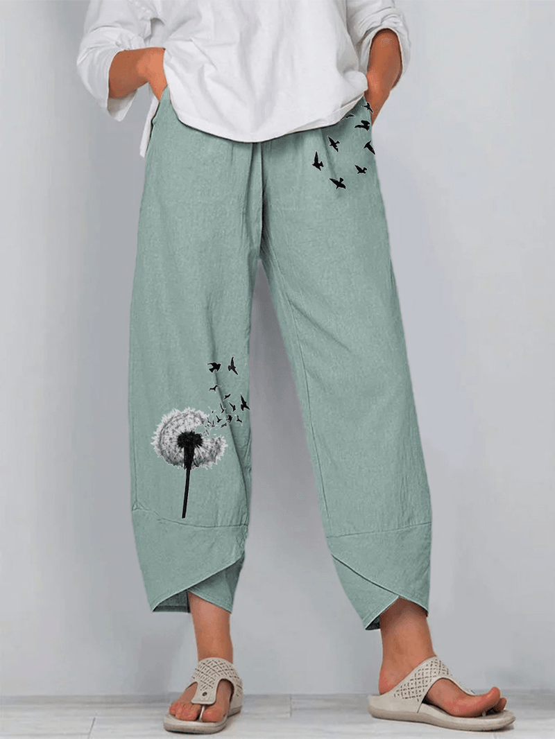 Butterfly Dandelions Flower Print Slit Hem Casual Pants with Pocket - MRSLM