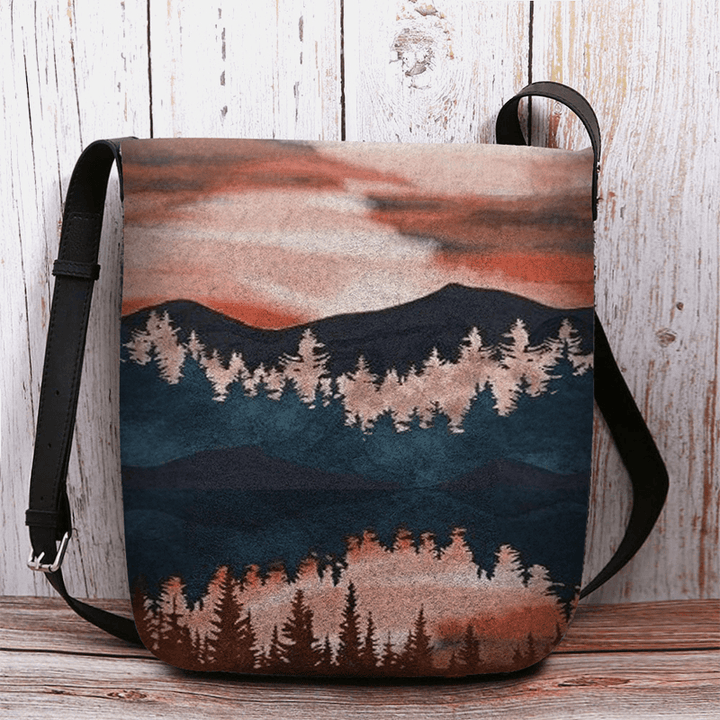 Women Felt Mountain Treetop Print Pattern Casual Outdoor Shoulder Bag Crossbody Bag - MRSLM