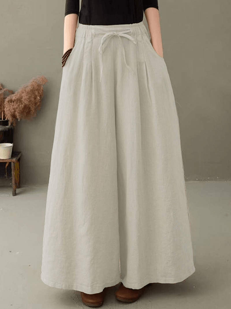 Women 100% Cotton Solid Color High Drawstring Waist Plain Casual Wide Leg Pants - MRSLM