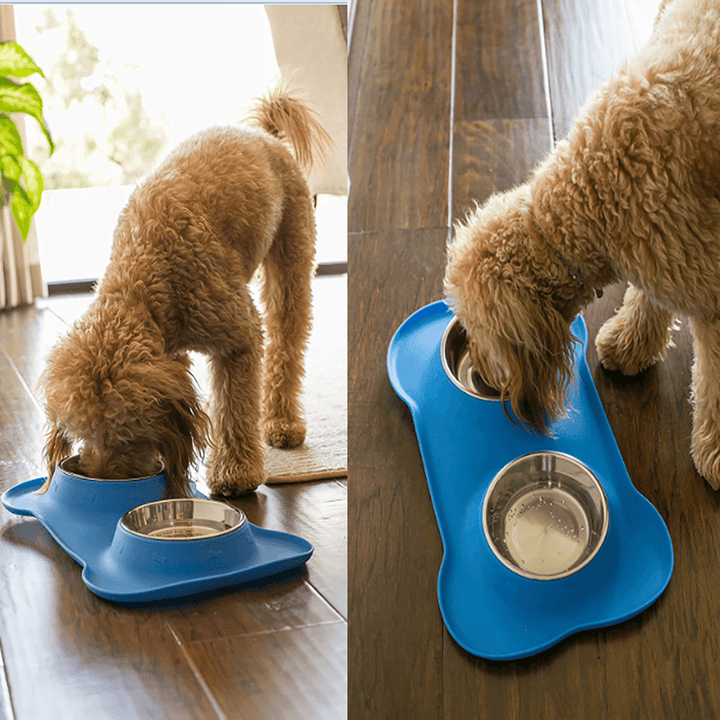 Dog Pet Bowl Stainless Steel No Spill Silicone Mat Pet Water Food Dish - MRSLM