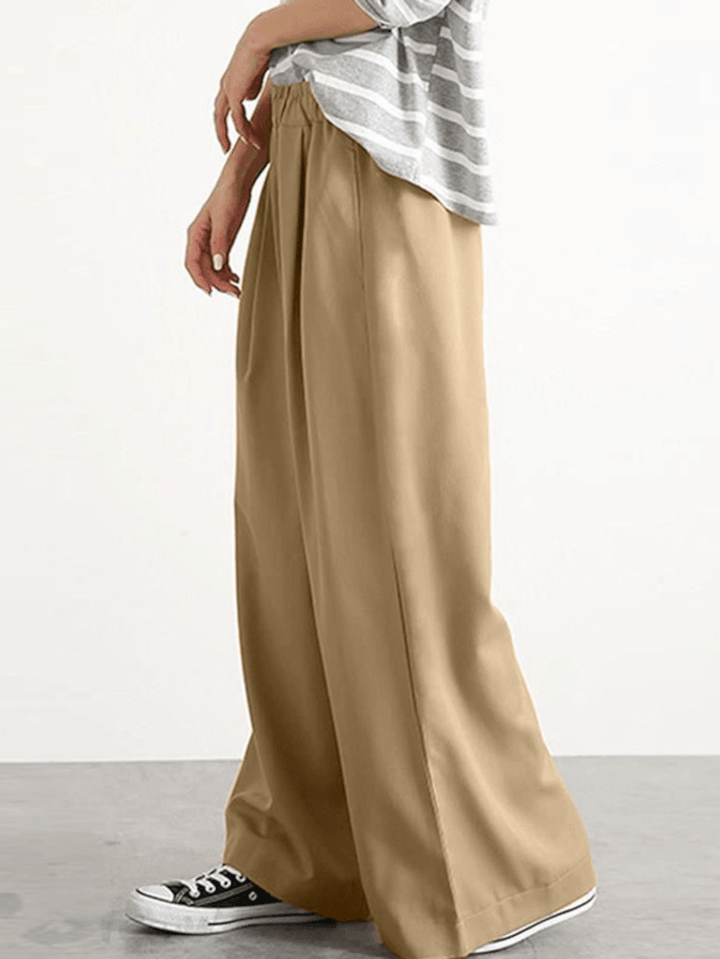 Women Casual Solid Color Elastic Waist Wide Leg Pants with Pocket - MRSLM