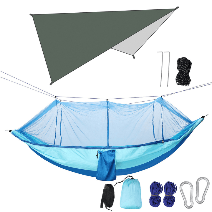 Double Person Camping Hammock with Mosquito Net + Awning Outdoor Hiking Travel Hanging Hammock Set Bearable 300Kg - MRSLM