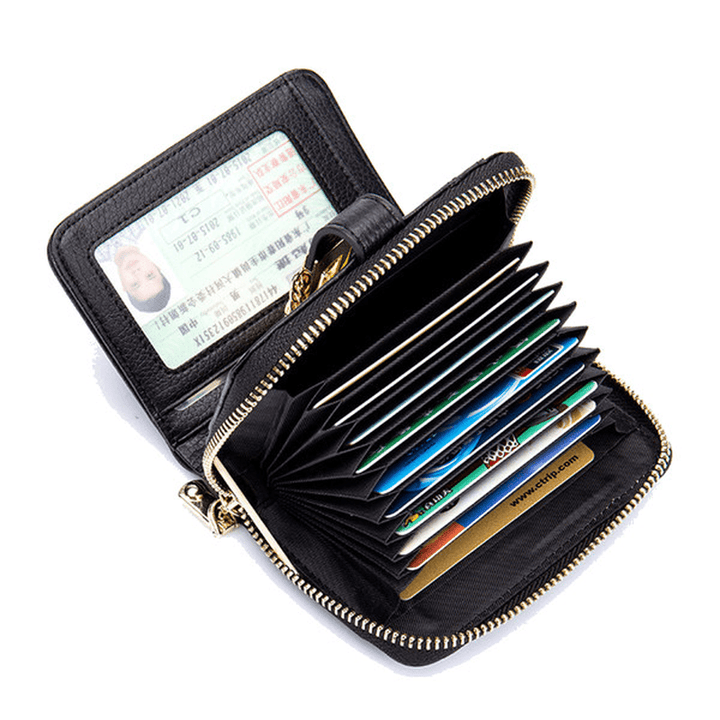 Women Genuine Leather Zipper Card Holder Chain Lock Short Purse Wallets - MRSLM