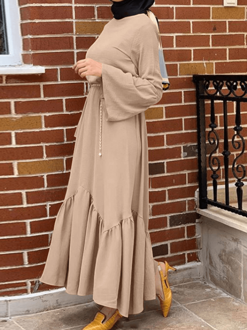 Women Solid Color Ruffle Long Sleeve Simple Kaftan Maxi Dresses - MRSLM