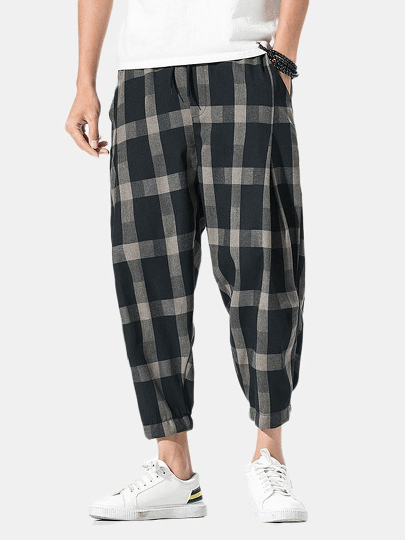 Men Linen Checked Drawstring Harem Pants - MRSLM