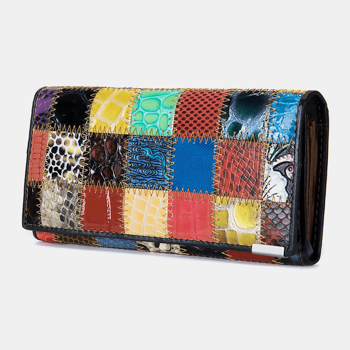 Women Genuine Leather Bifold Colored Geometric Pattern Multi-Card Slot Card Case Money Clip Coin Purse Long Clutch Wallets - MRSLM