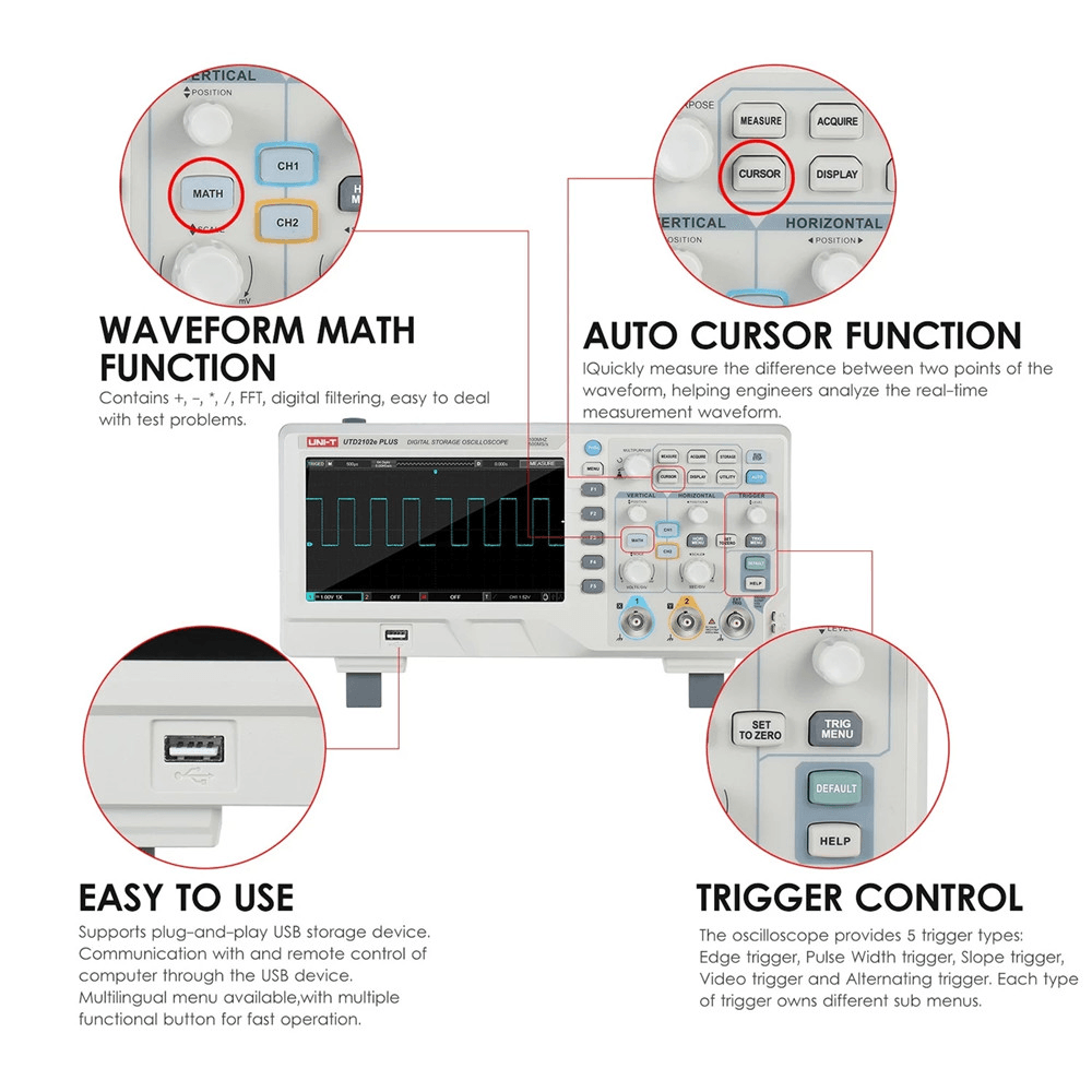 UNI-T Utd2102E plus Digital Oscilloscope with 7-Inch LCD Display Scopemeter with 100Mhz Bandwidth 2 Channels 500MS/S Real Time Sample Rate 64Kpts Depth Storage - MRSLM