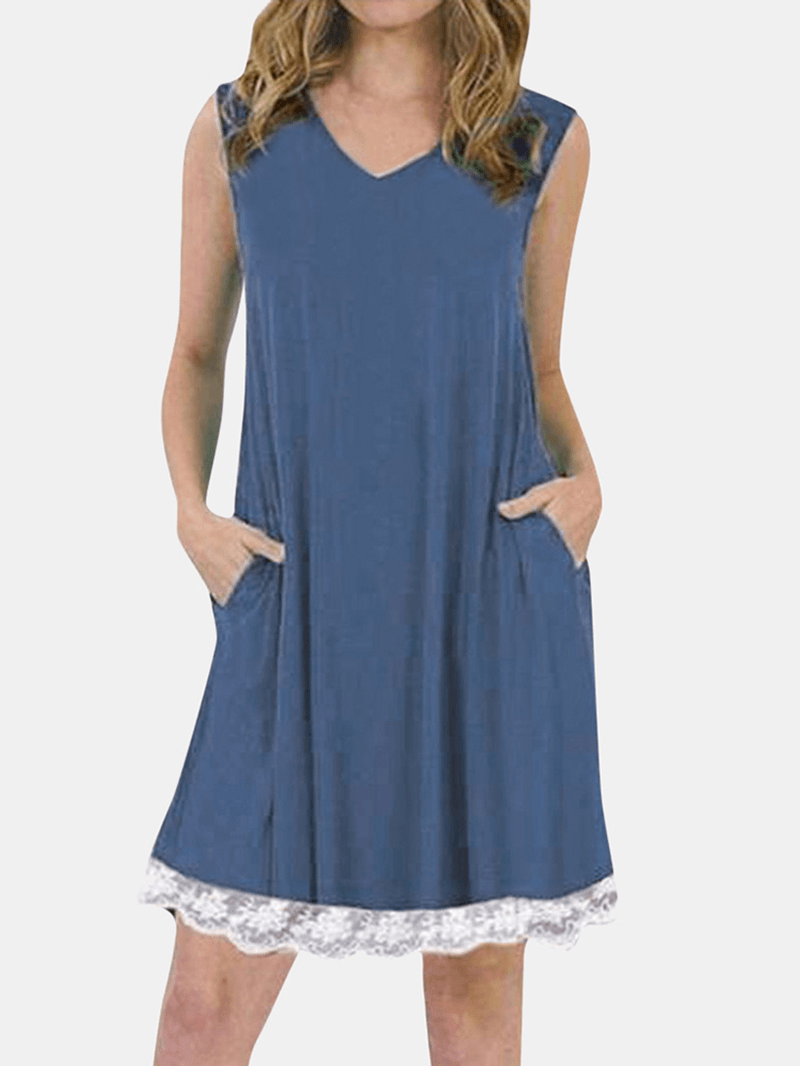 Summer Lace Patchwork Sleeveless Loungewear V-Neck Daily Casual Dress - MRSLM