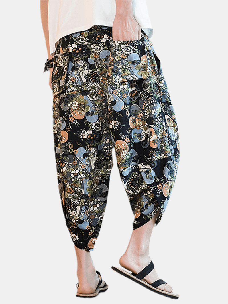 Mens Abstract Print Ethnic Style Pocket Elastic Waist Vintage Pants - MRSLM