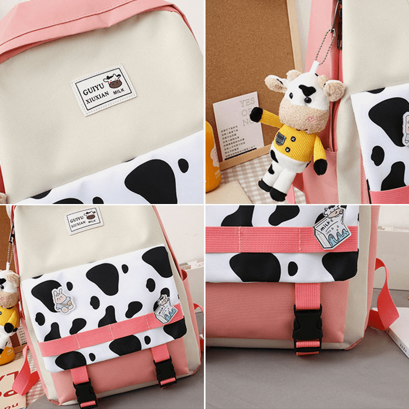 5 PCS Canvas Preppy Cow Pattern Multifunction Combination Bag Backpack Tote Crossbody Bag Clutch Wallet - MRSLM