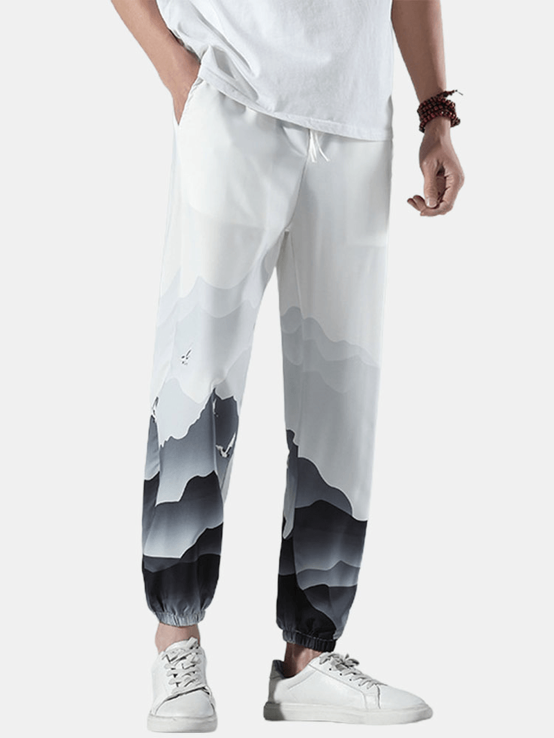 Mens Casual Landscape Print Drawstring Loose Pants - MRSLM