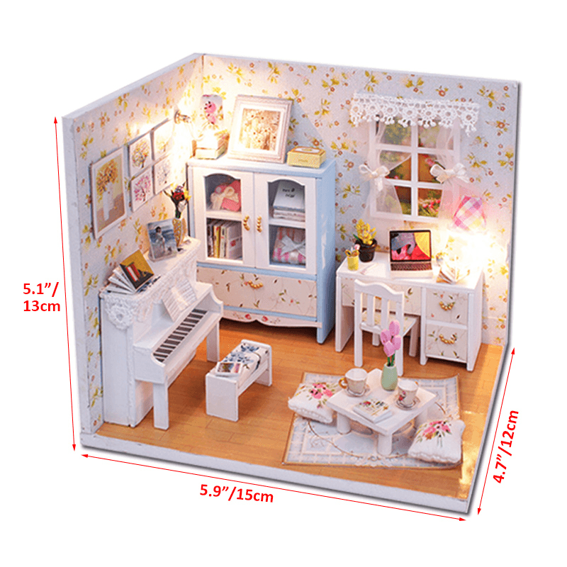 Wooden DIY Handmade Assemble Miniature Doll House Kit Toy with LED Light Dust Cover for Gift Collection Home Decoration - MRSLM