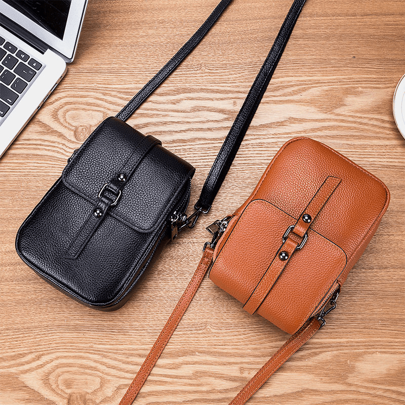 Women Genuine Leather Casual Retro Multi-Layers Earphone Hole 6.5 Inch Phone Bag Crossbody Bag - MRSLM