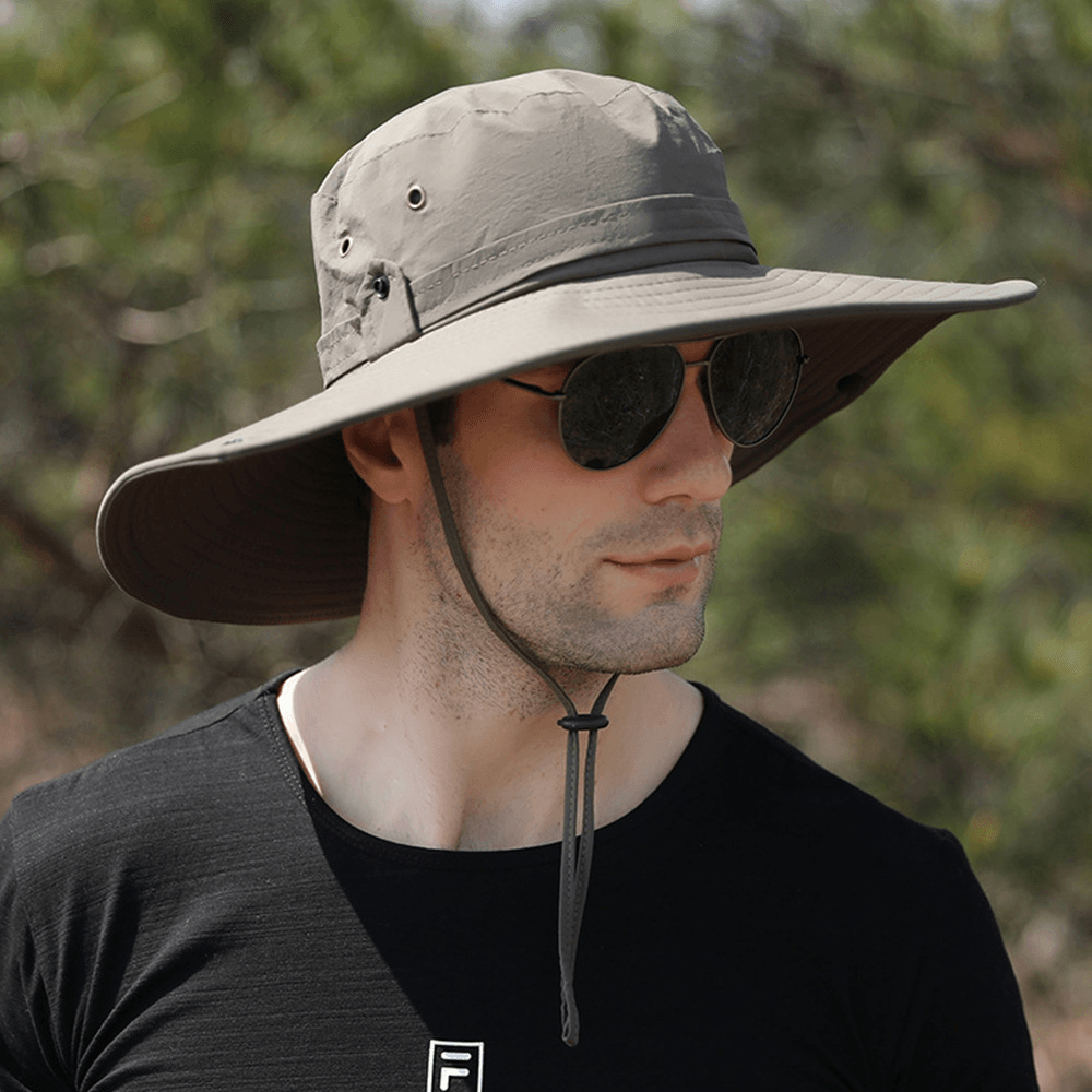 Men Dual-Use Anti-Uv Bucket Hat Big Brim Windproof Rope Adjustable Outdoor Fishing Sunshade Hat - MRSLM