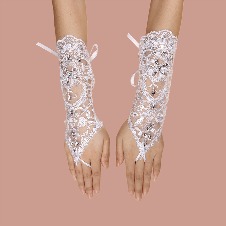 Women Lace Flowers with Rhinestone Bandage Split Finger Gloves Mid-Length Wild Mesh Breathable Sun Protection Sleeves - MRSLM