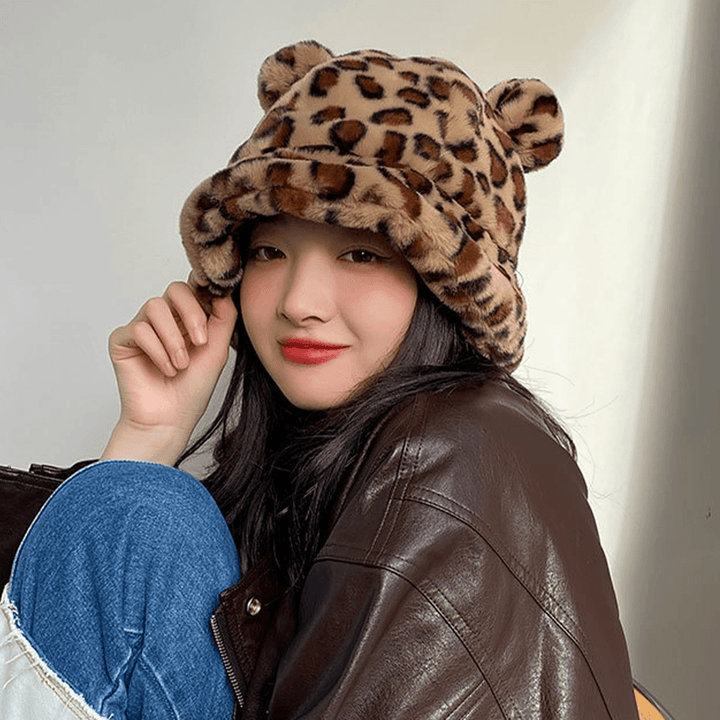 Women Faux Rabbit Hair Warm Soft Cute Casual All-Match Animal Ear Pattern Bucket Hat - MRSLM