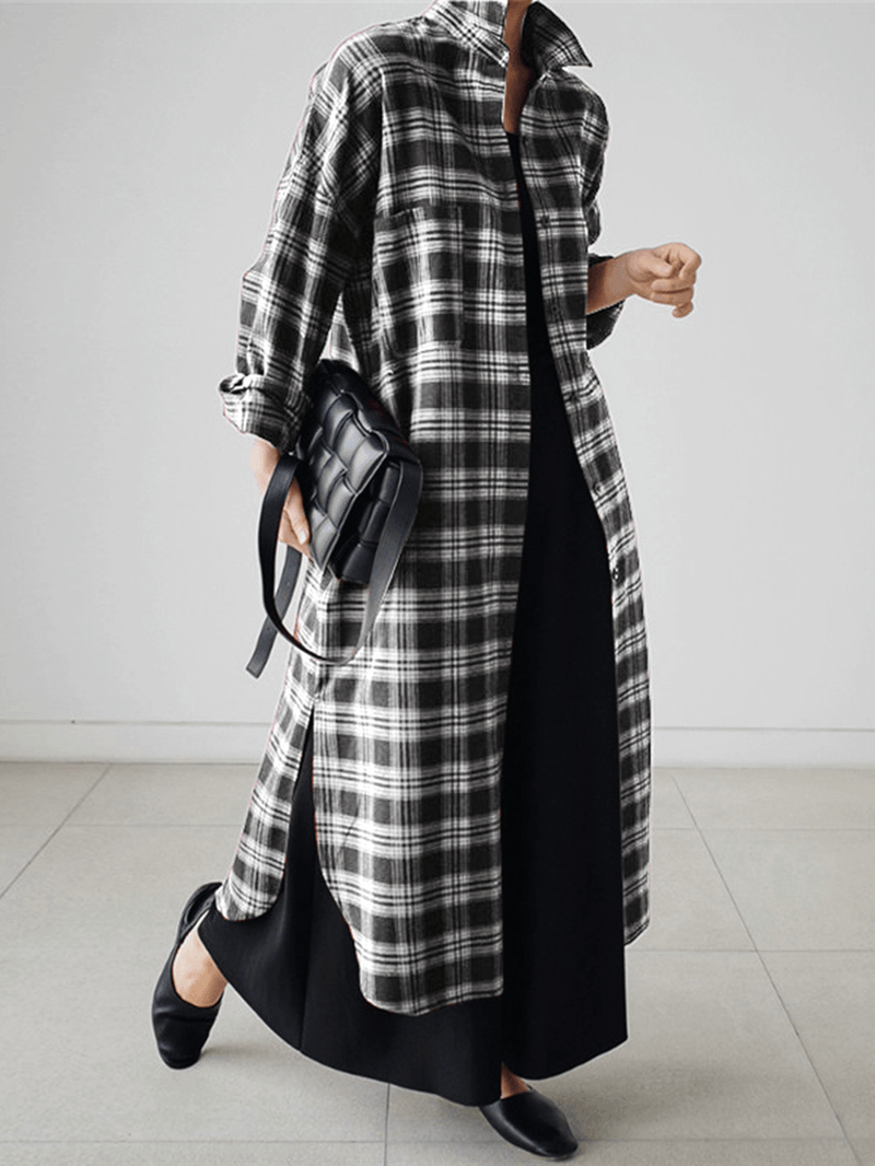 Women Plaid Retro Button Cuffs Split Side Pockets Lapel Long Sleeve Shirtdress Cardigan - MRSLM