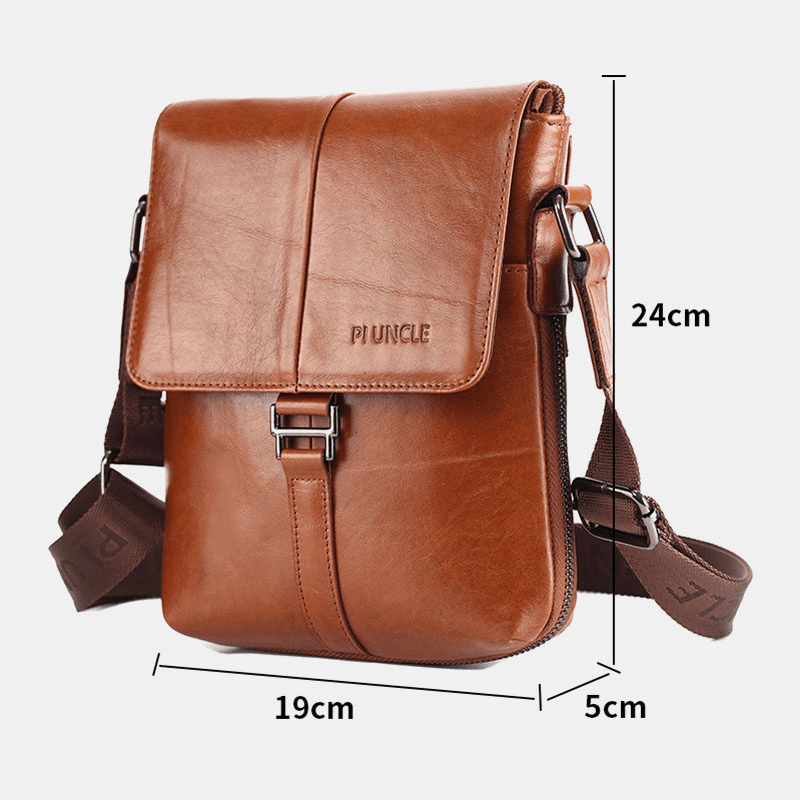 Men First Layer Cowhide Multi-Pockets Anti-Theft Crossbody Shoulder Bag Retro 7.9 Inch Ipad Bag - MRSLM