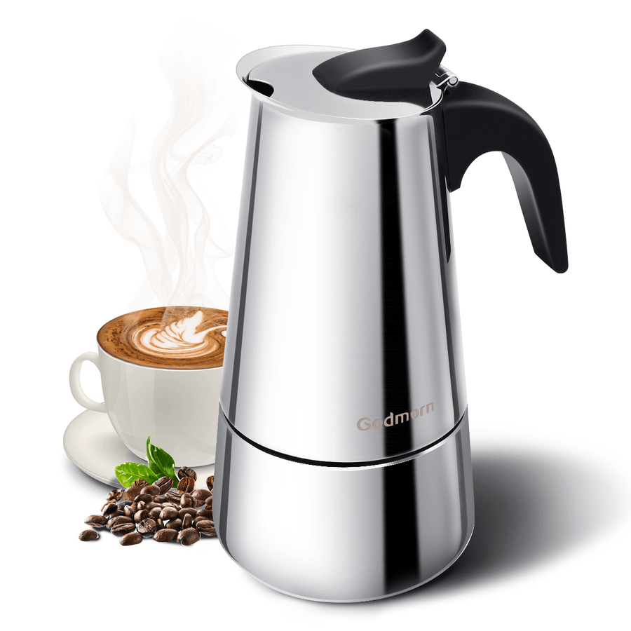 Godmorn Stovetop Espresso Maker Moka Pot Percolator Italian Coffee Maker 300Ml/10Oz/6 Cup Classic Cafe Maker 430 Stainless Steel Suitable for Induction Cookers - MRSLM