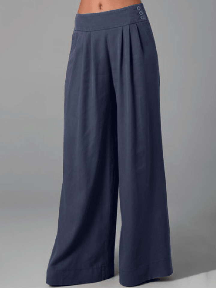 Women Solid Color Side Button Zipper Pocket Loose Casual Wide Leg Pants - MRSLM