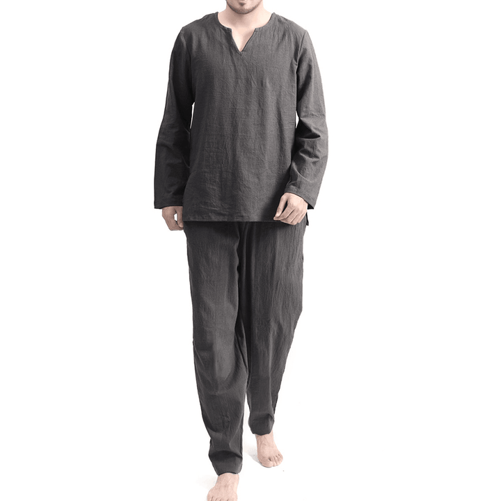 TWO-SIDED Mens Cotton Comfy Soft Solid Color Long Sleeve Sleepwear Set Yoga Pajamas Set - MRSLM