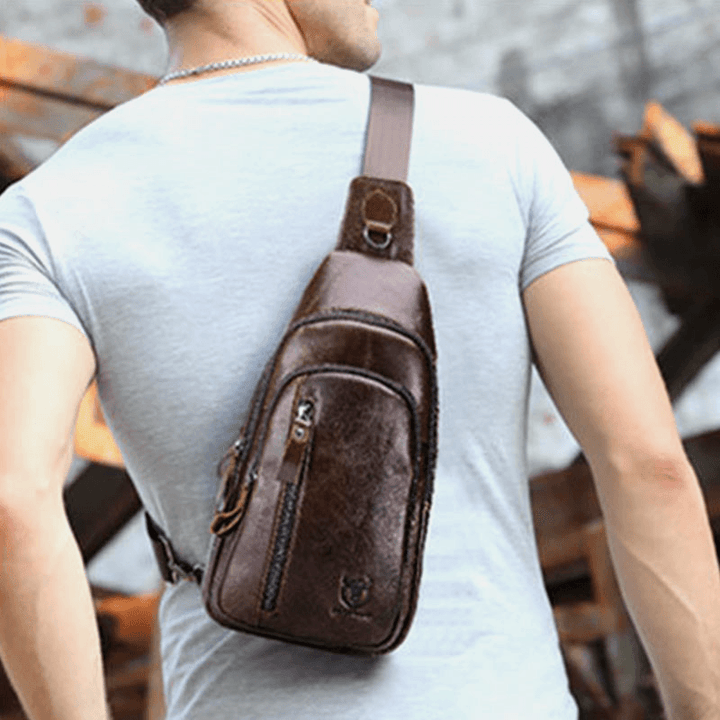 BULLCAPTAIN Men Multi-Pocket Cowhide Chest Bag Casual Sports Multifunctional Large Capacity Crossbody Bag Shoulder Bag - MRSLM