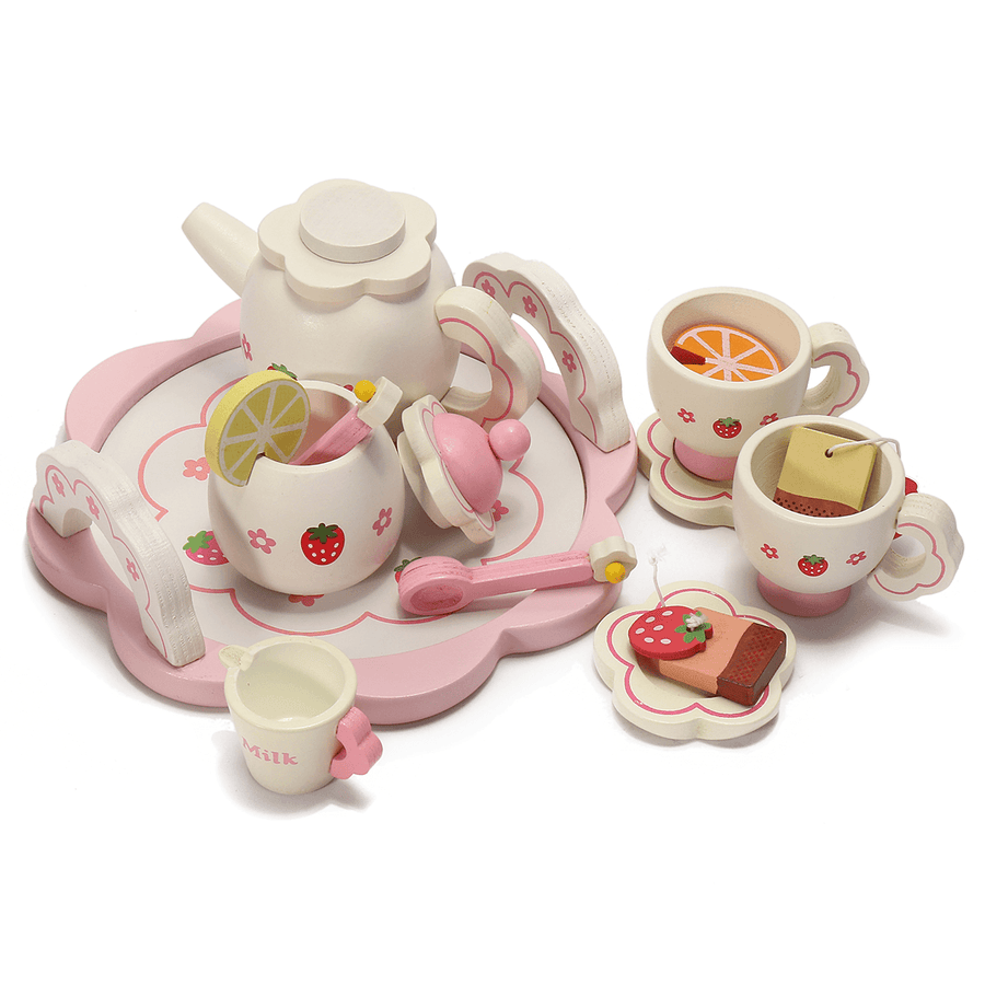 Wooden Kids Simulation Tea Set Role Game Kitchen Toys Pretend Ice Cream Cups Cooking Set Teapot Tray Bowl Gifts Improve Practical＆Thinking Ability - MRSLM