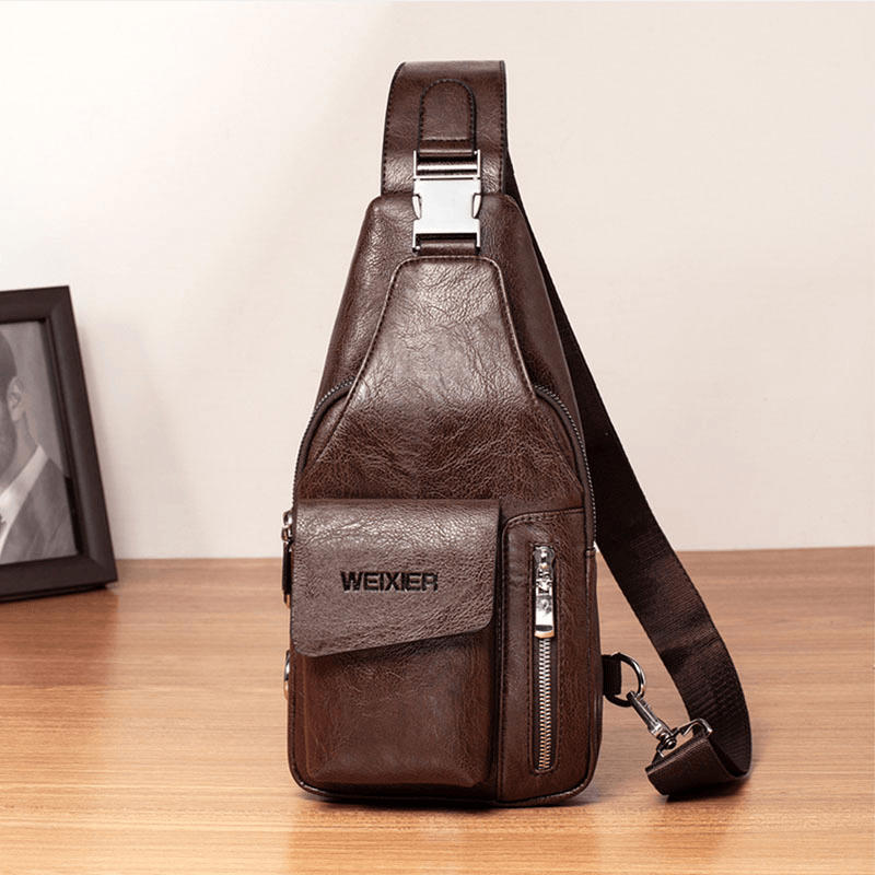 Men PU Leather Multifunctional Large Capacity Waterproof 6.5Inch Phone Bag Chest Bag Crossbody Bags - MRSLM