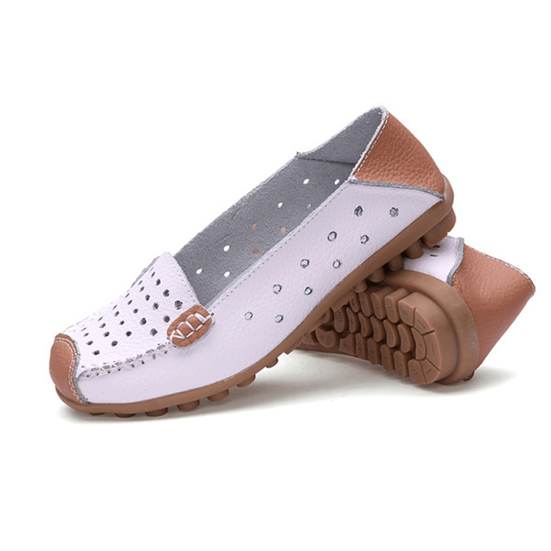 Women Genuine Leather Casual Flat Shoes Slip-On Leisure Shoes Breathable Ballet Shoes - MRSLM