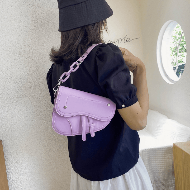 Women Chains Hasp Saddle Bag Crossbody Bag Shoulder Bag - MRSLM