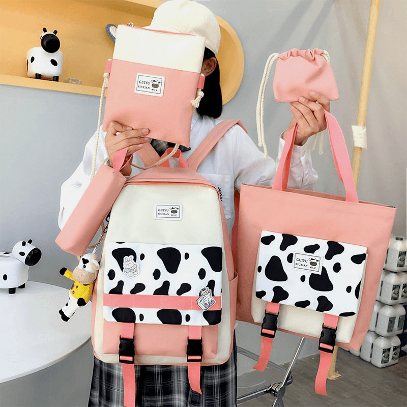 5 PCS Canvas Preppy Cow Pattern Multifunction Combination Bag Backpack Tote Crossbody Bag Clutch Wallet - MRSLM