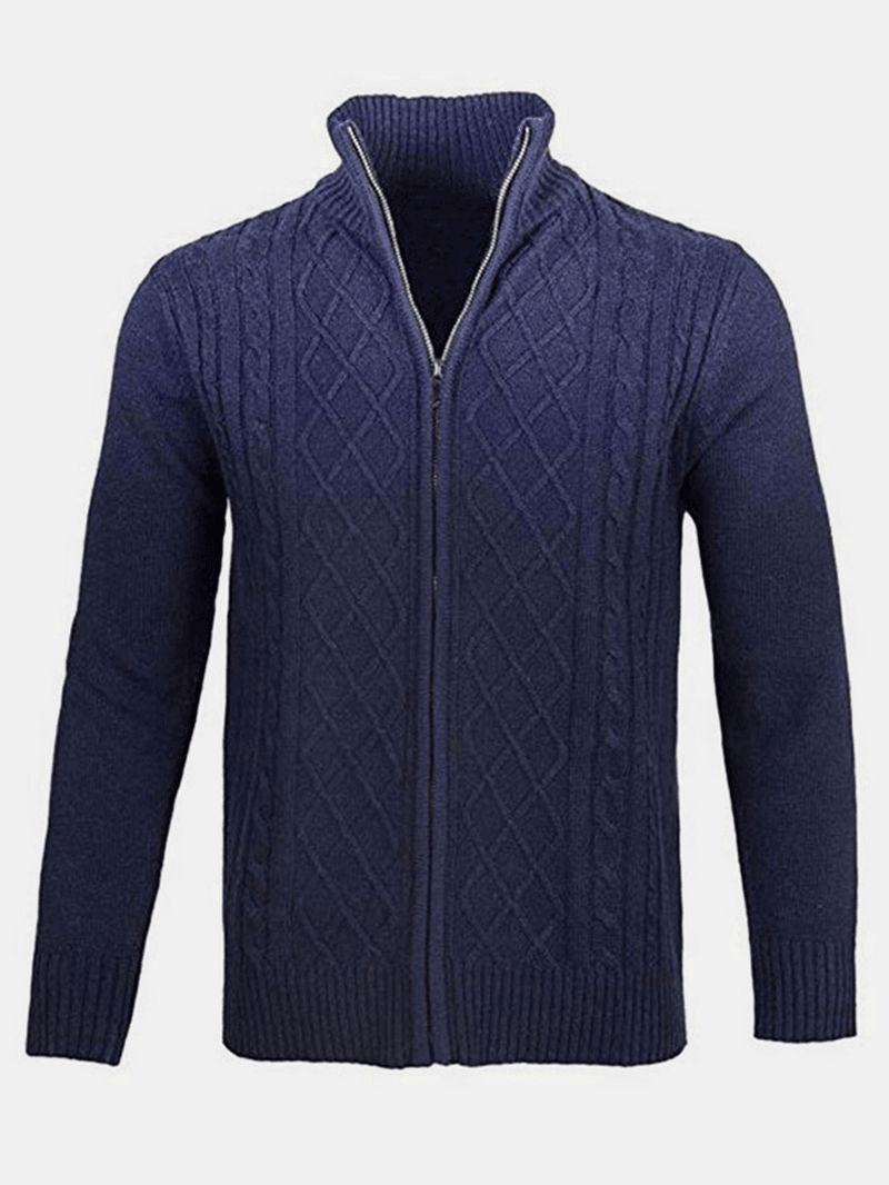 Mens Solid Color Cable Knitting Zipper Long Sleeve Warm Cardigans - MRSLM