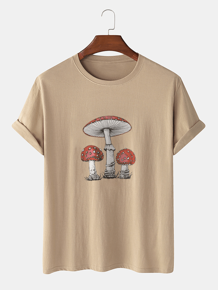 Mens 100% Cotton Cartoon Mushroom Print Short Sleeve T-Shirts - MRSLM