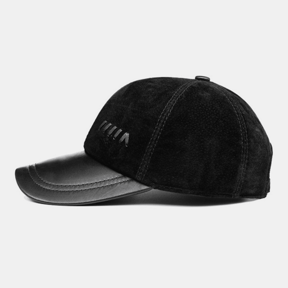 Men Sheepskin Dome Short Brim Baseball Cap Winter Outdoor Warm Winproof Sunshade Leather Hat - MRSLM