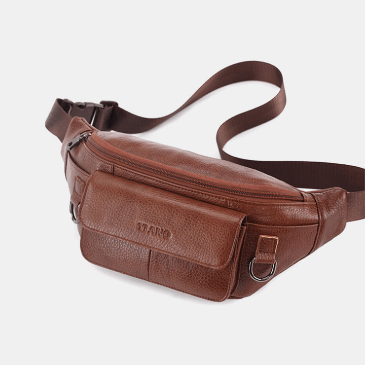 Men Genuine Leather Solid Color Multi-Carry Crossbody Bag Chest Bag Belt Bag Waist Bag - MRSLM