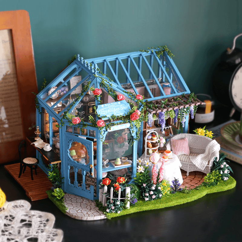 Cuteroom A068 DIY Cabin Rose Garden Tea House Handmade Doll House Model with Dust Cover Music Motor - MRSLM