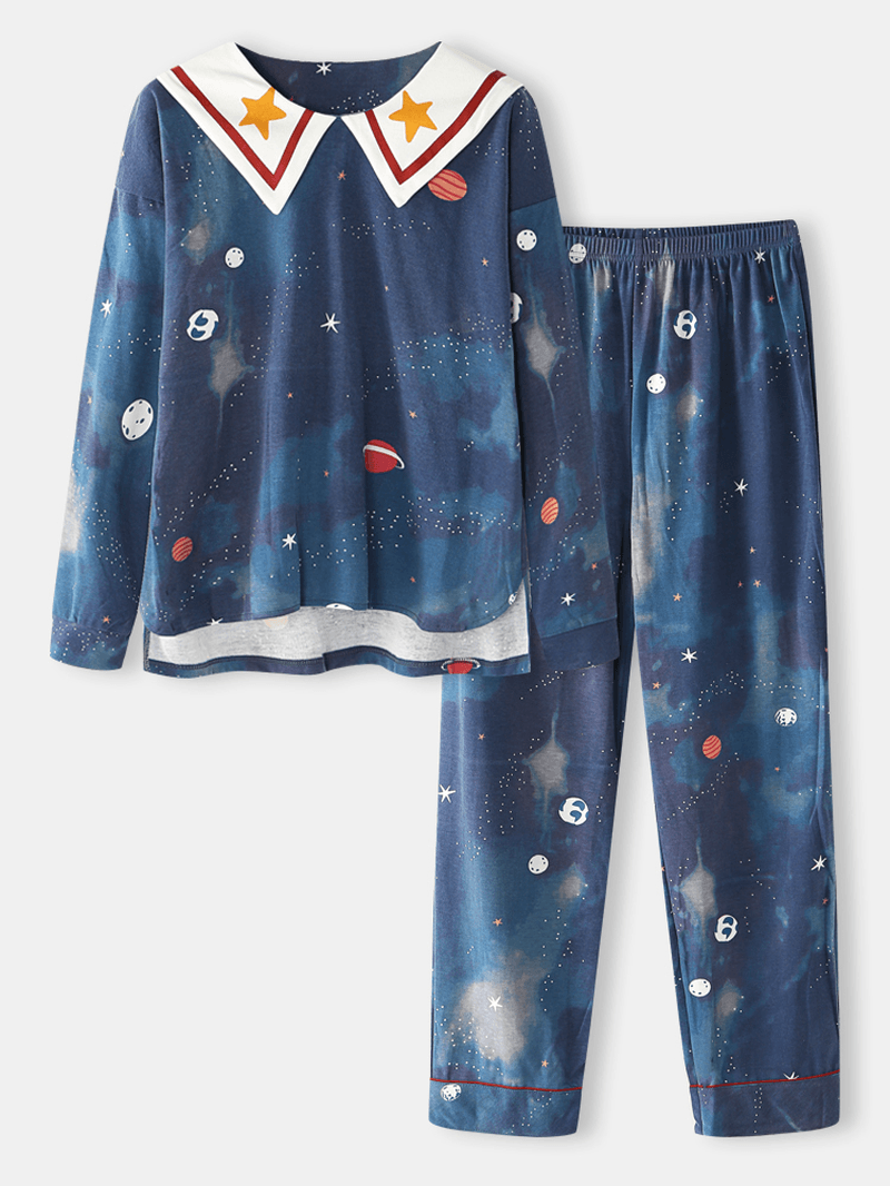 Women Starry Sky Print Cute Pullover Loose Elastic Waist Cartoon Home Pajama Set - MRSLM