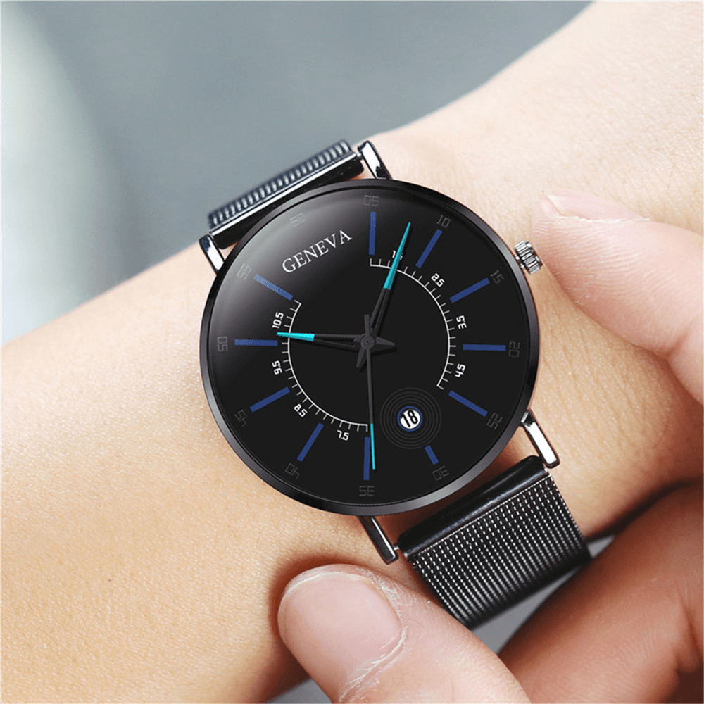 GENEVA Business Casual Colored Pointer Dial with Calendar Alloy Mesh Strap Men Quartz Watch - MRSLM