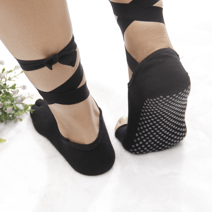 Women Ladies Five Finger Toes Yoga Socks Ballet Sports Lace Non-Slip Exposed Instep Yoga Socks - MRSLM