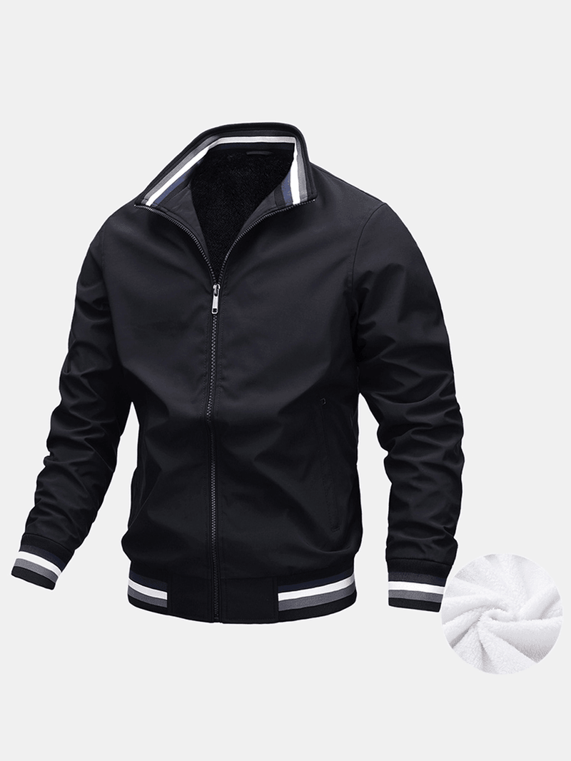 Mens Simple Solid Color Warm Plush Lined Jacket with Pocket - MRSLM