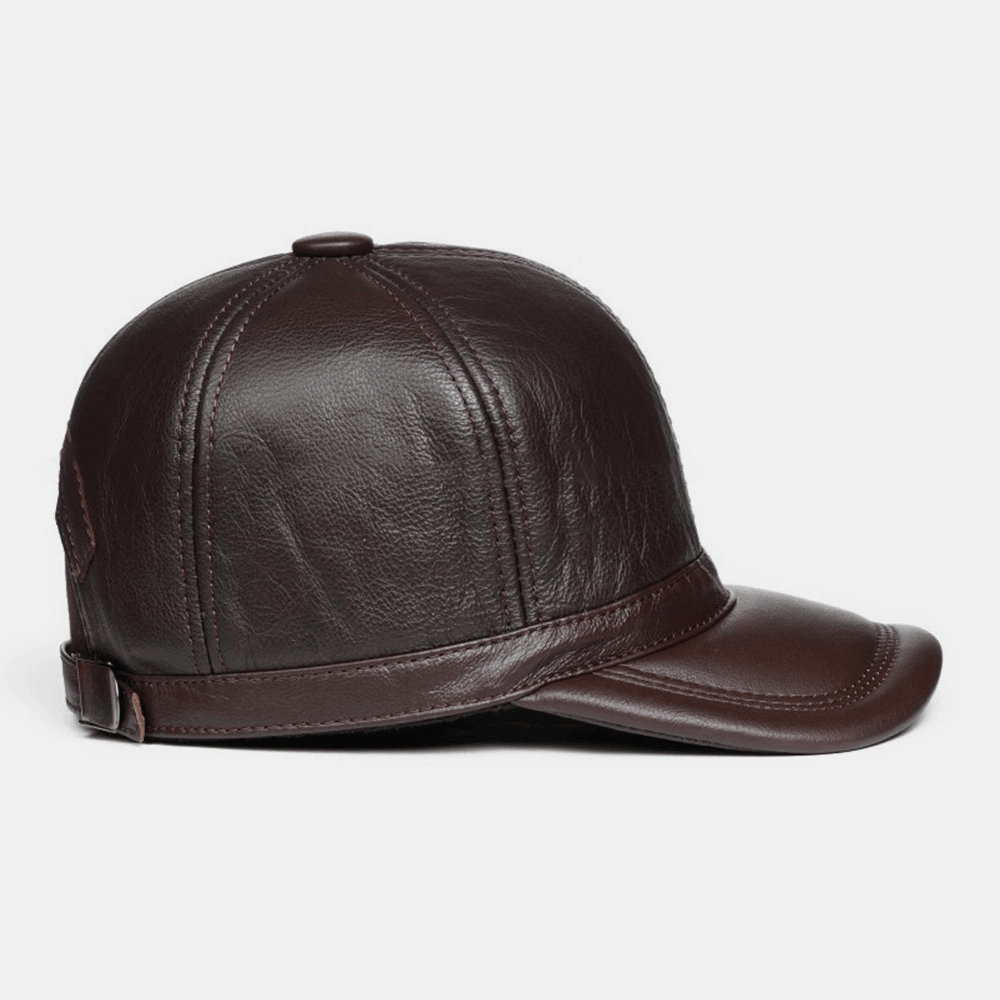 Men Soft Leather Wide Brim Dome Baseball Cap Built-In Ear Protection Earmuffs Winter Thicken Warmth Cowhide Hat - MRSLM