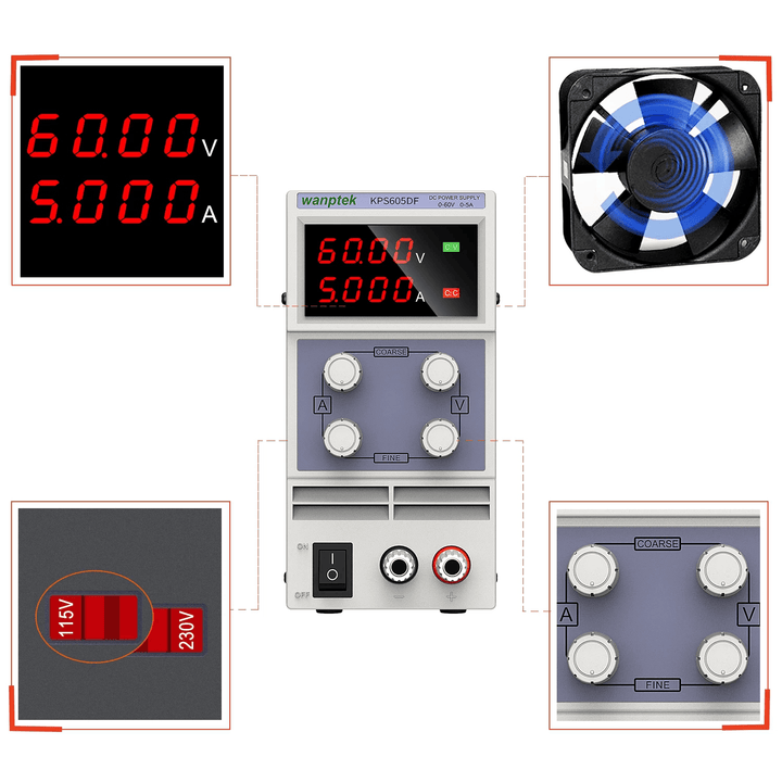 Wanptek KPS605DF 4 Digits 0-60V 0-5A 110V/220V Adjustable DC Power Supply LED Display 300W Regulated Power Supply - MRSLM