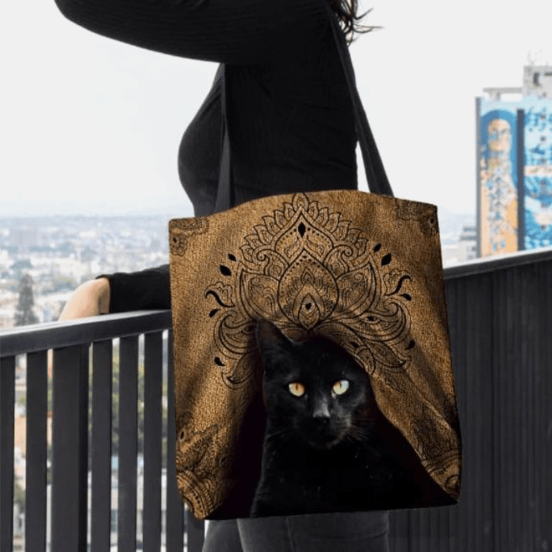 Women Canvas Cute Black Cat Pattern Handbag Tote Shoulder Bag - MRSLM