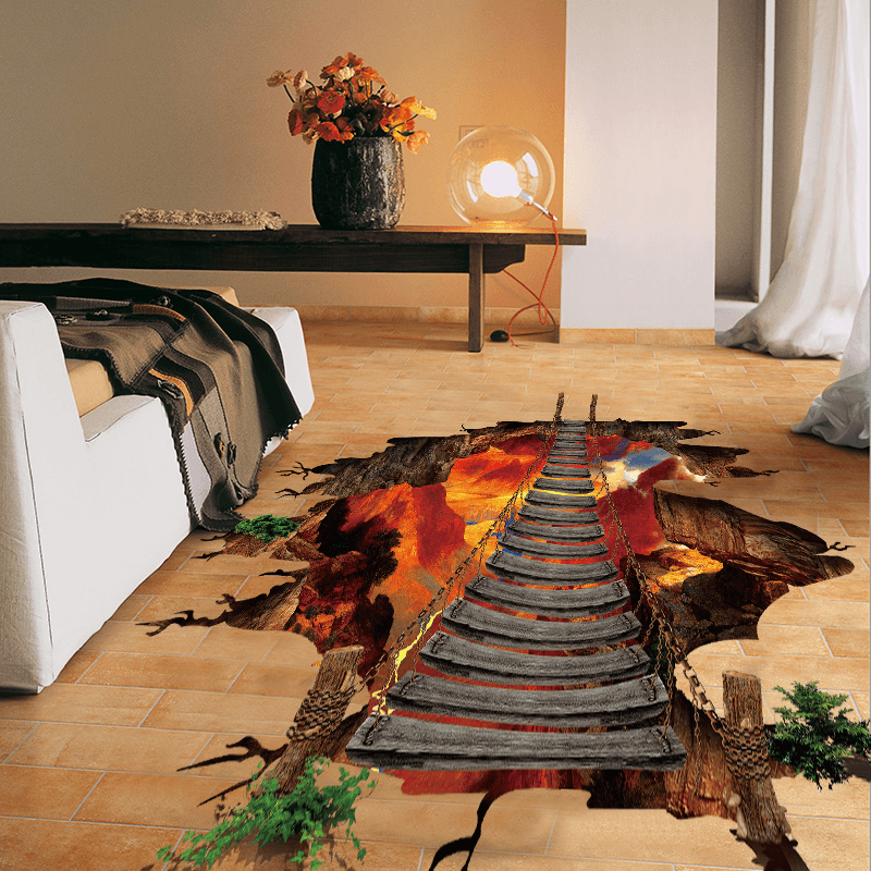 Miico Creative 3D Fire Chain Bridge Broken Wall PVC Removable Decorative Wall Floor Decor Sticker - MRSLM