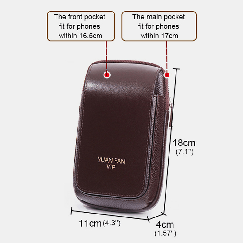 Men Vertical First Layer Cowhide Large Capacity Waist Bag 6.5 Inch Phone Bag Belt Bag - MRSLM