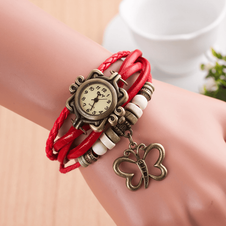 DOLAOR Multilayer Vintage Women Watch Hollow Butterfly Pendant Leather Retro Bracelet Watch - MRSLM