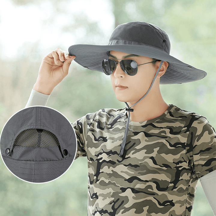 Men Summer UV Protection Wild Big Brim 12 Centimeters Visor Adjustable Sun Hat Bucket Hat for Fishing Mountaineering - MRSLM