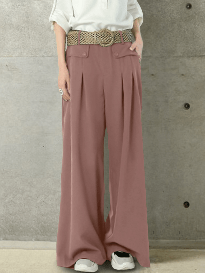 Women Solid Color Button Casual Loose Wide Leg Pants with Pocket - MRSLM